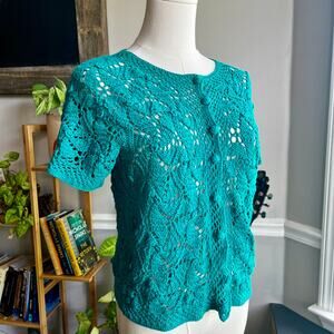 Vintage Y2K Floral Crochet Blouse Teal Button Front Size Small
